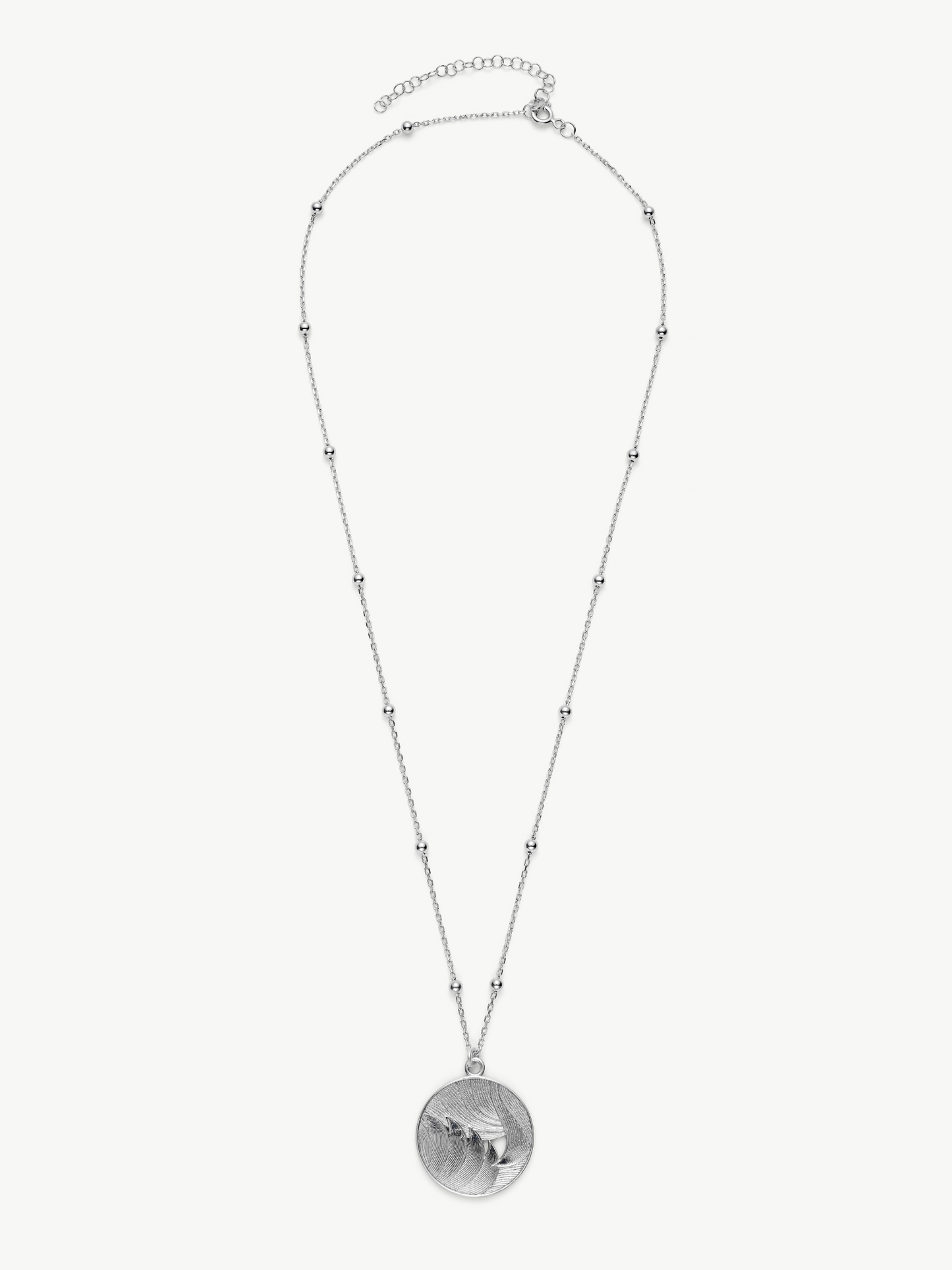 Silver medallion necklace with a round leaf pendant on a white background