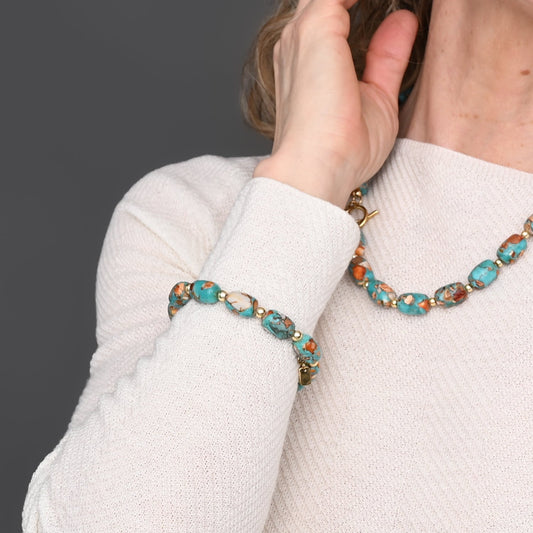 Model photo of Sierra Bloom necklace and bracelet set, matching jewelry set, turquoise bracelet, fair trade women's jewelry