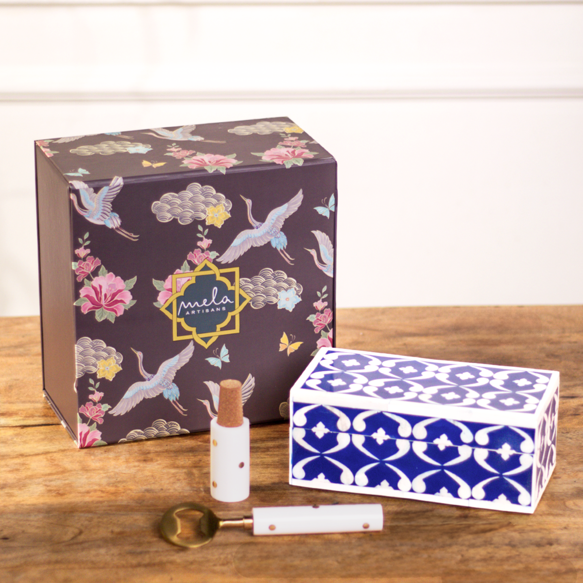 S/2 Lattice Bar Accessories Gift Set, Wooden Box with Bottle Opener & Stopper