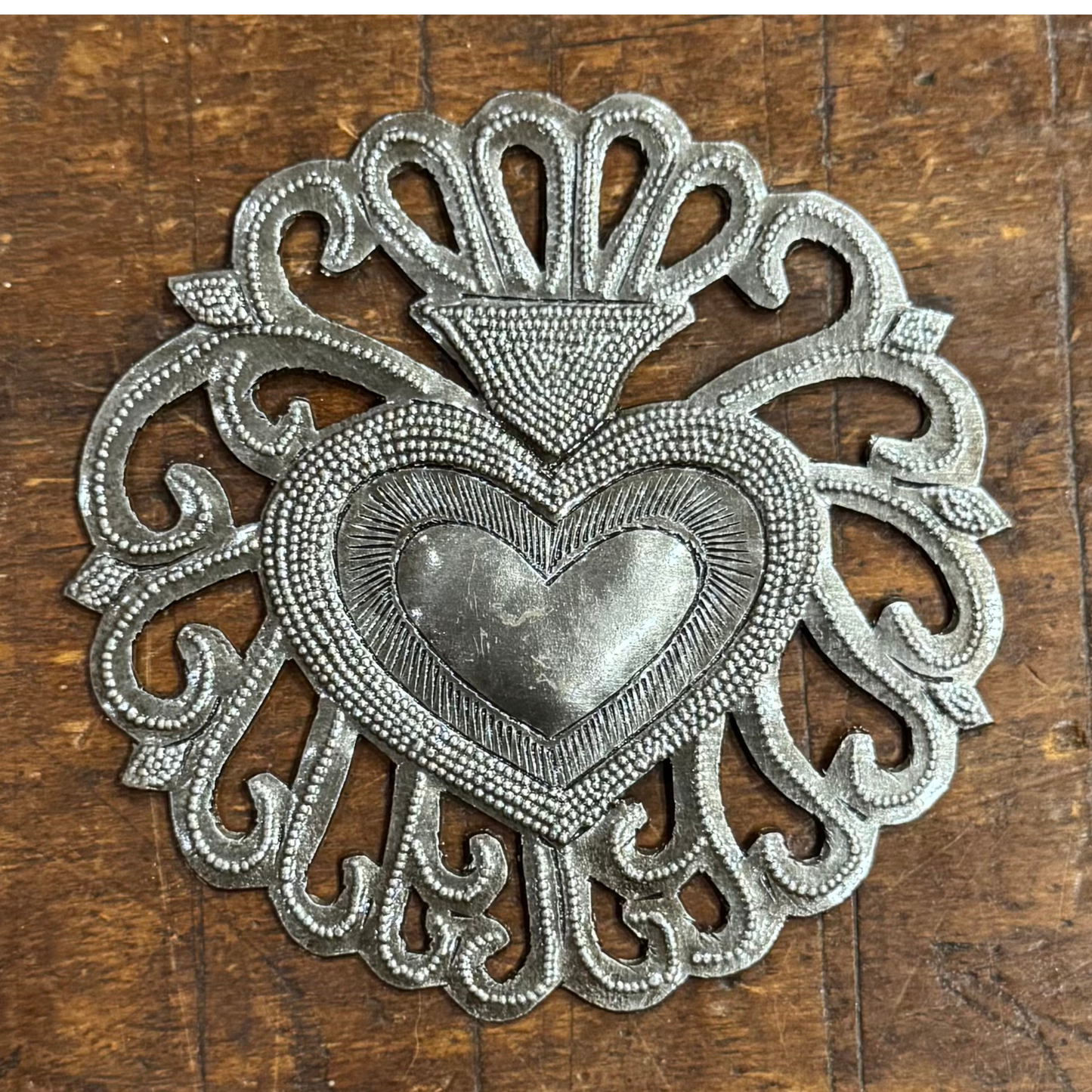 Handmade Floral Sacred Heart Wall Decor 4" Haiti Metal Art