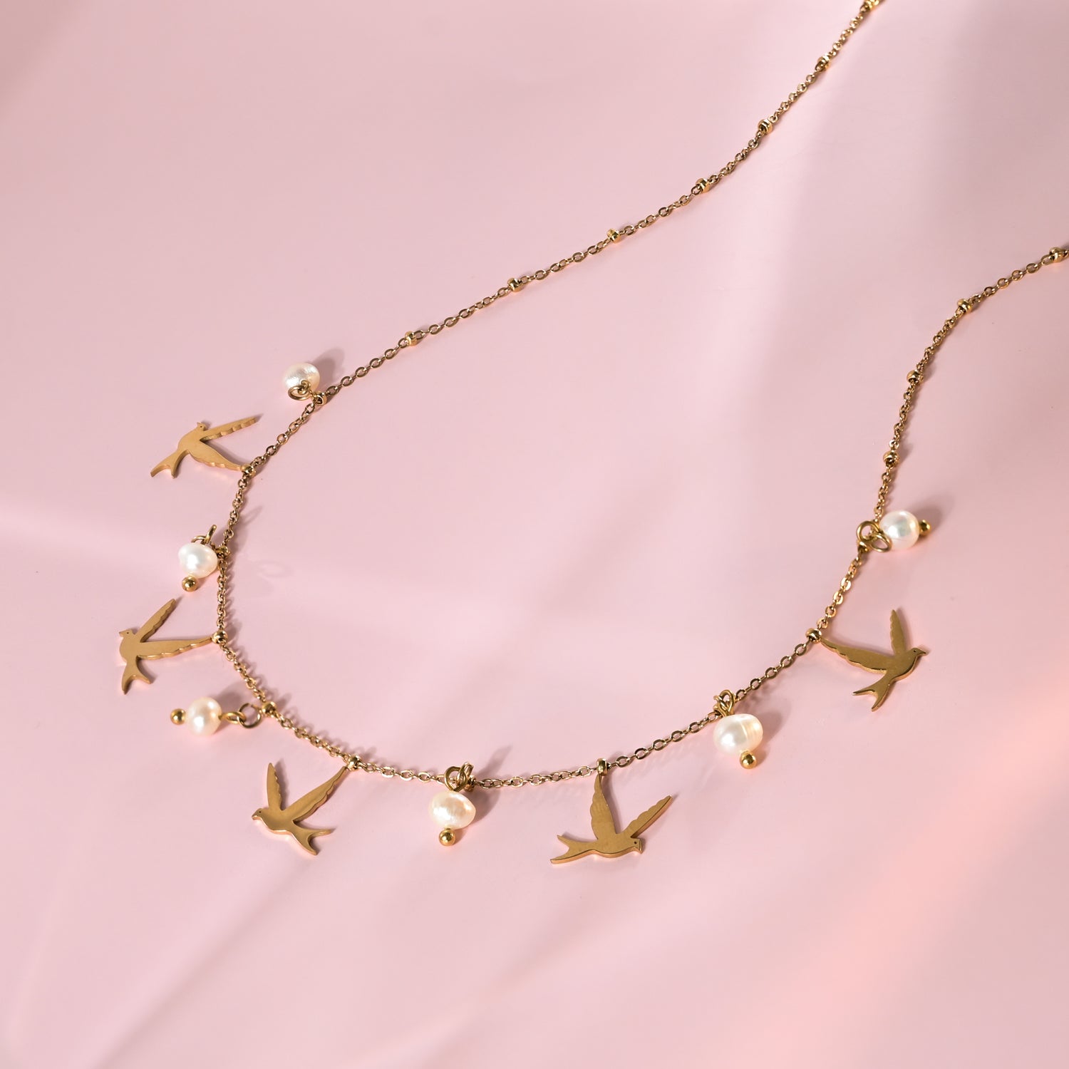 Bird shaped necklace, gold necklace with pearls, symbol for hope, women's jewelry, wedding day necklaces