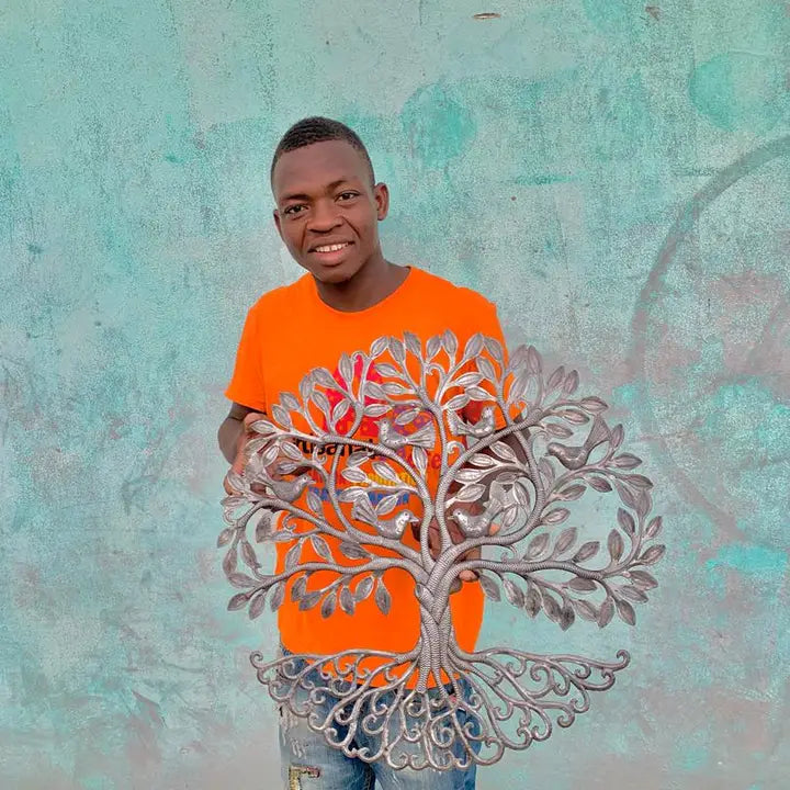 Haitian Metal Tree of Life Wall Art 23x23 Hand Chiseled 