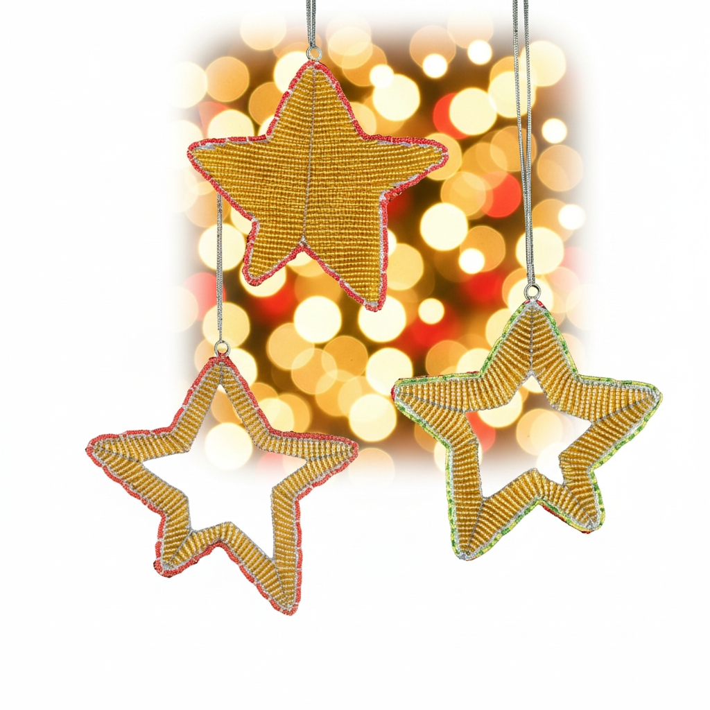 Handmade Beaded Star Ornament – Haitian Artisan Holiday Décor-Festive Christmas. (Set of 3, Asst)
