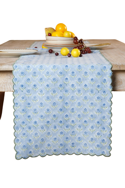 Mona Scallop Embroidered Blockprint Table Runner in Blue