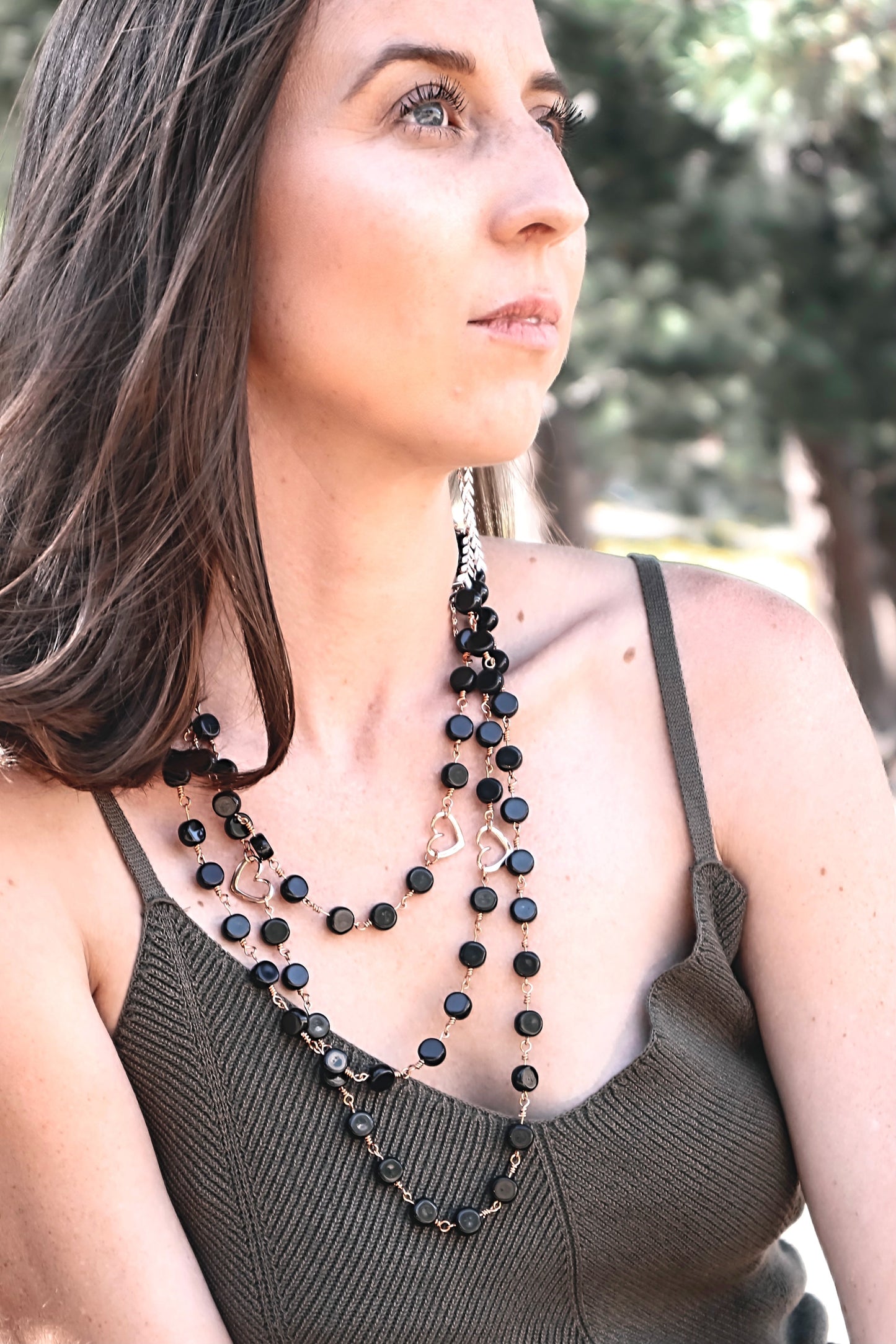 Onyx Black Glass Bead 3-Layer Necklace | Magnetic Clasp
