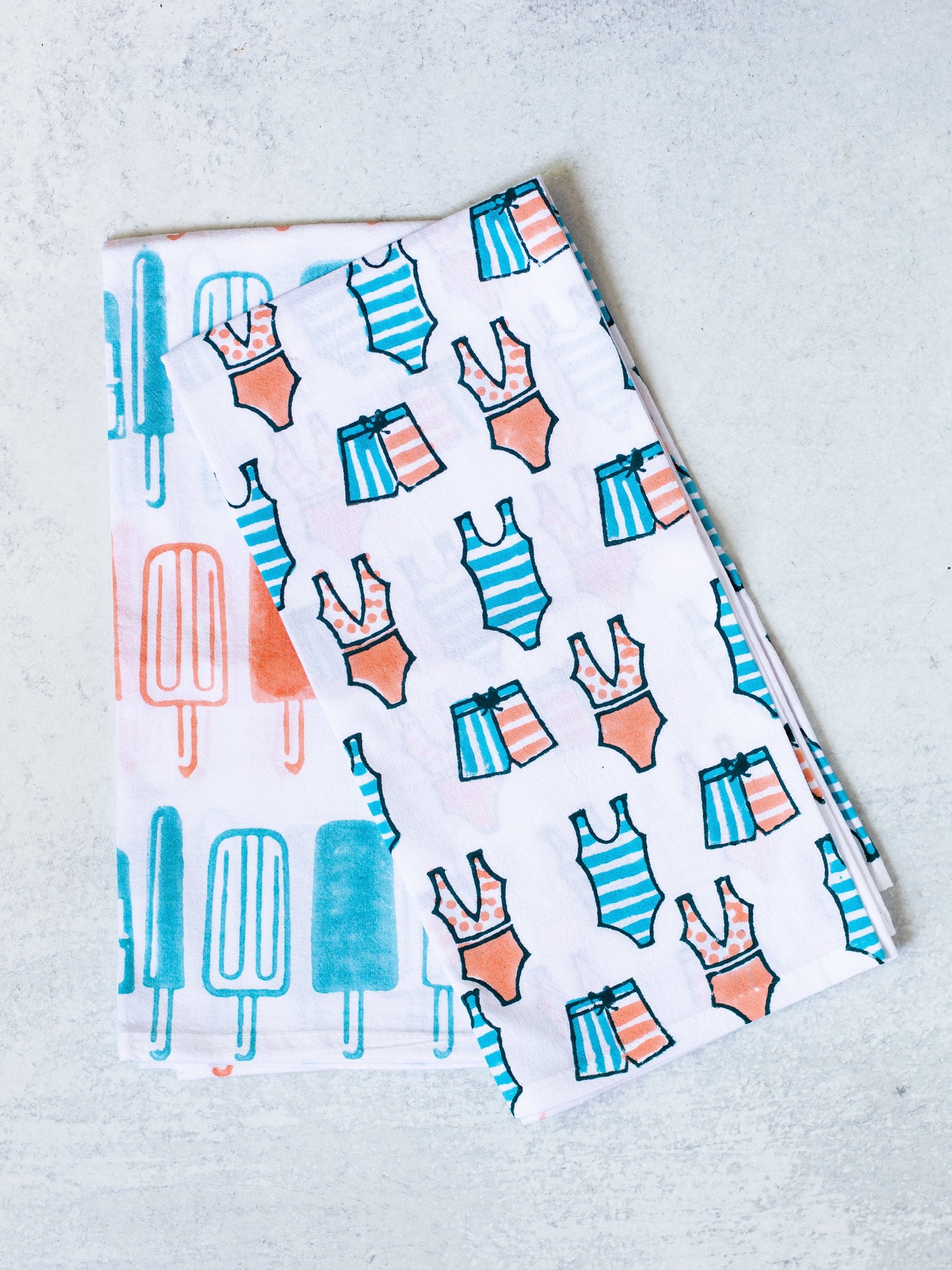 S/2 Tea Towel Set - Swimsuits & Popsicles, Melon & Saltwater