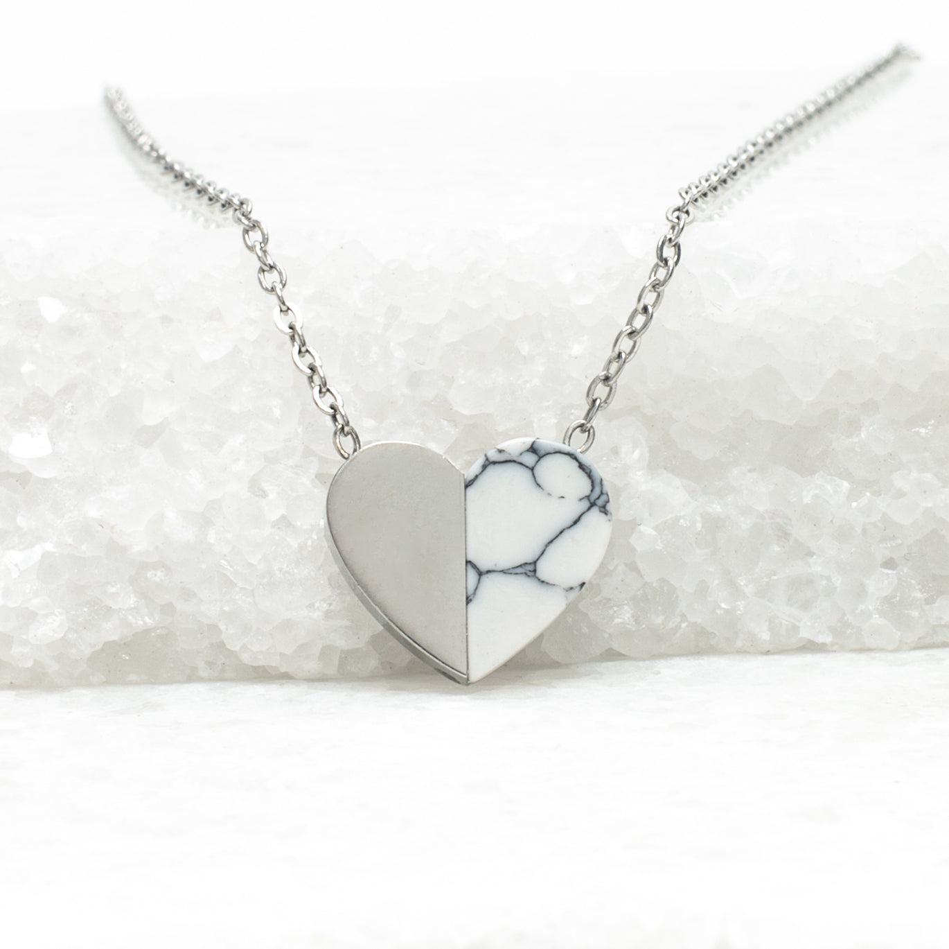 Beautiful silver chain necklace with marble heart pendant, silver heart necklace for women, sustainable fair trade jewelry for women