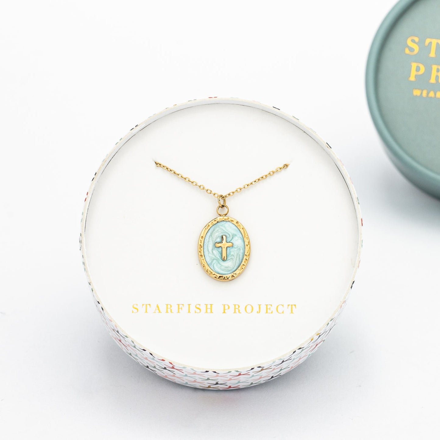 Starfish Project brand gift box, gold necklace with cross, cross necklace jewelry, necklace with cross center, blue necklace, jewel stores, gift for mom for Mother's day