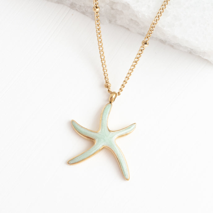 Starfish shaped necklace pendant, green starfish necklace, ocean necklace, symbolism of a starfish, fair trade jewelry groups