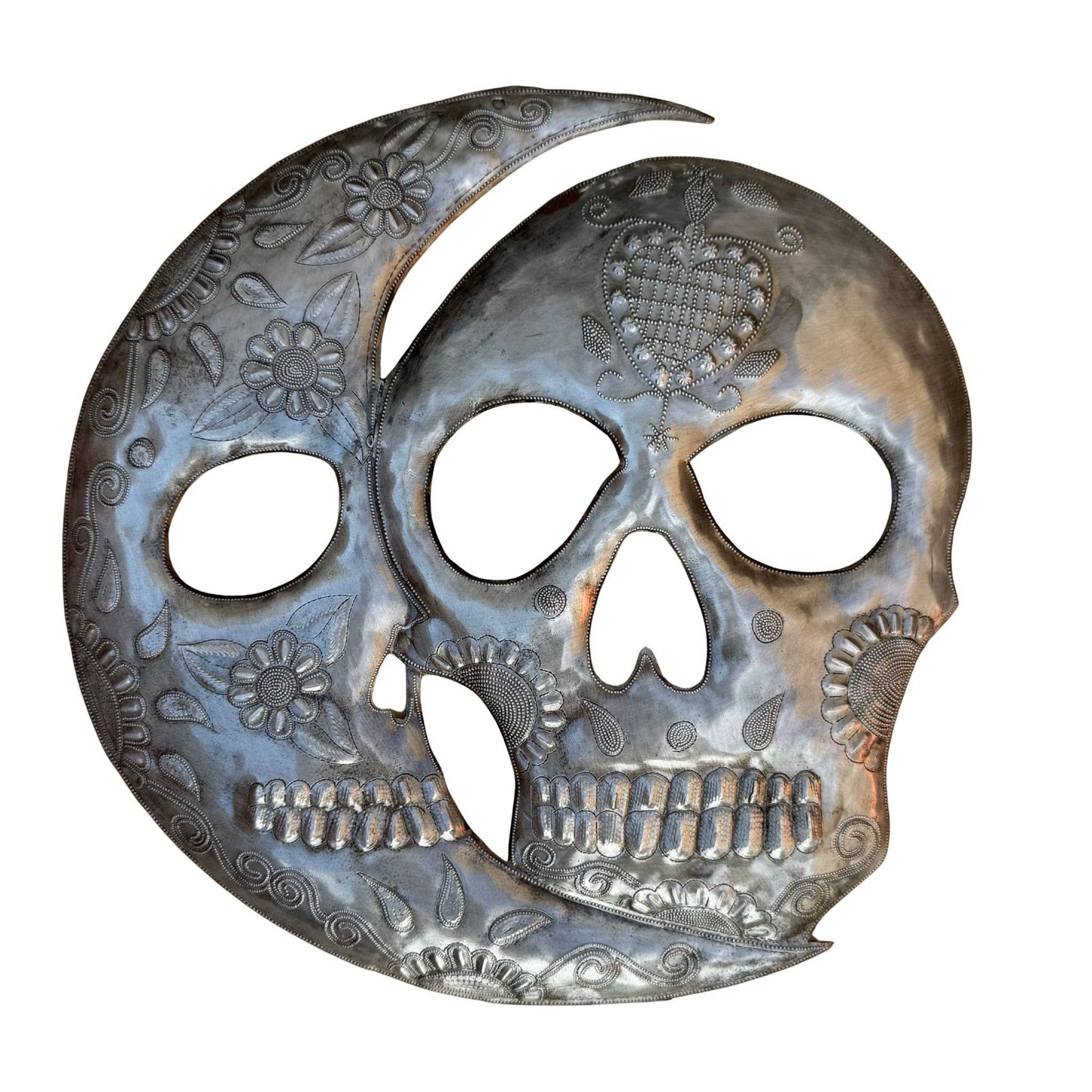 Haitian Metal Skull Wall Art w/ Petals – Recycled Steel  14"