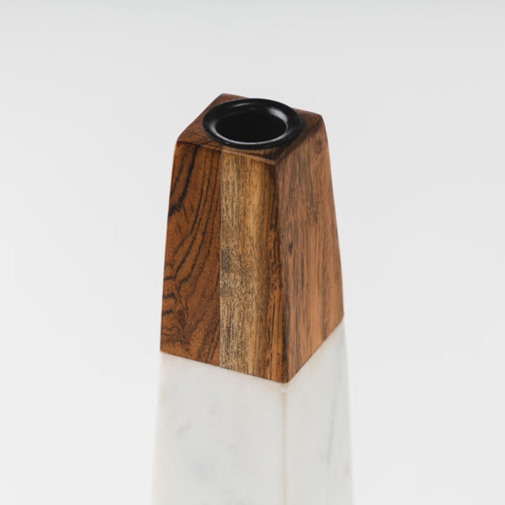 Tapered Marble & Acacia Candleholder
