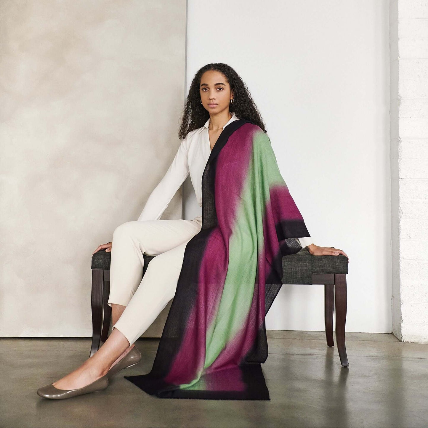Iris Courtyard Green Purple Hand Woven Cashmere Merino Scarf