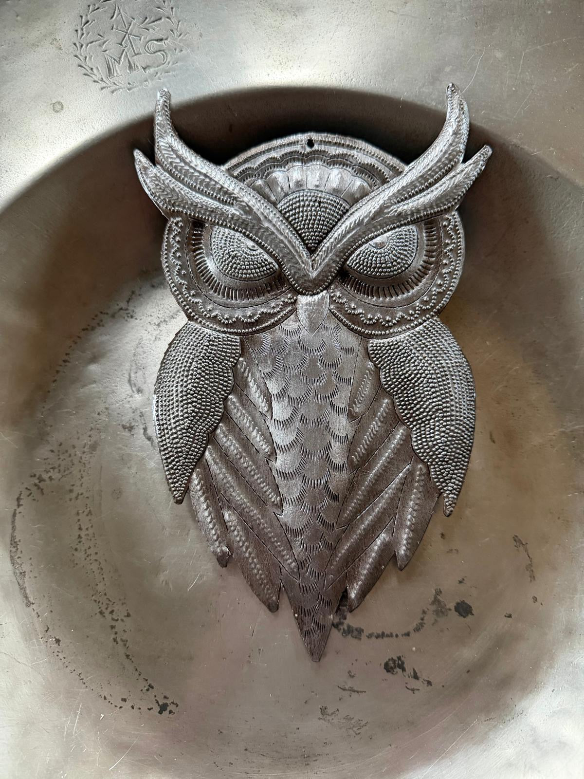 Haitian Metal Owl Wall Art Steel Drum Sculpture Handcrafted