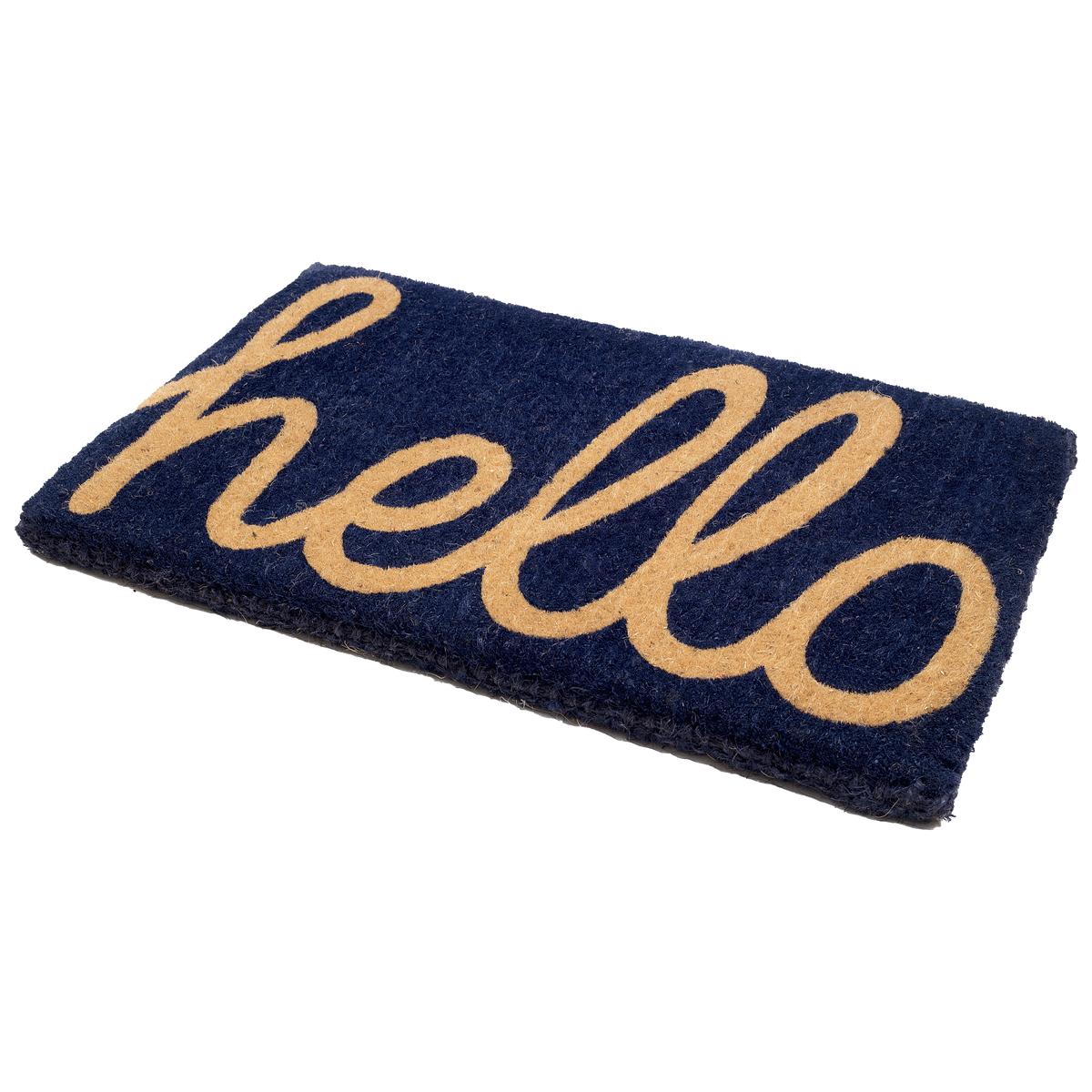 Cursive Hello Doormat Handwoven, Durable - Dark Blue
