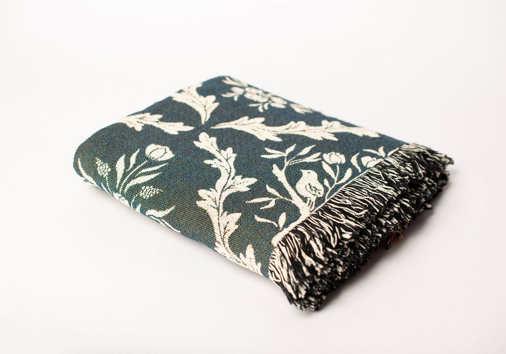 Teal Floral Botanical Jacquard Woven Throw