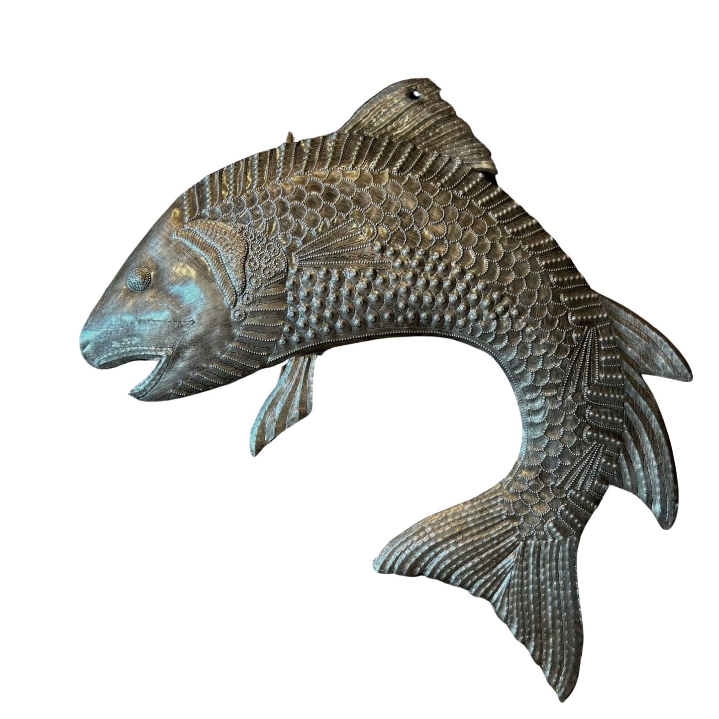 Salmon Jumping, Hand Cut Haitian Metal Art 17" x 15"