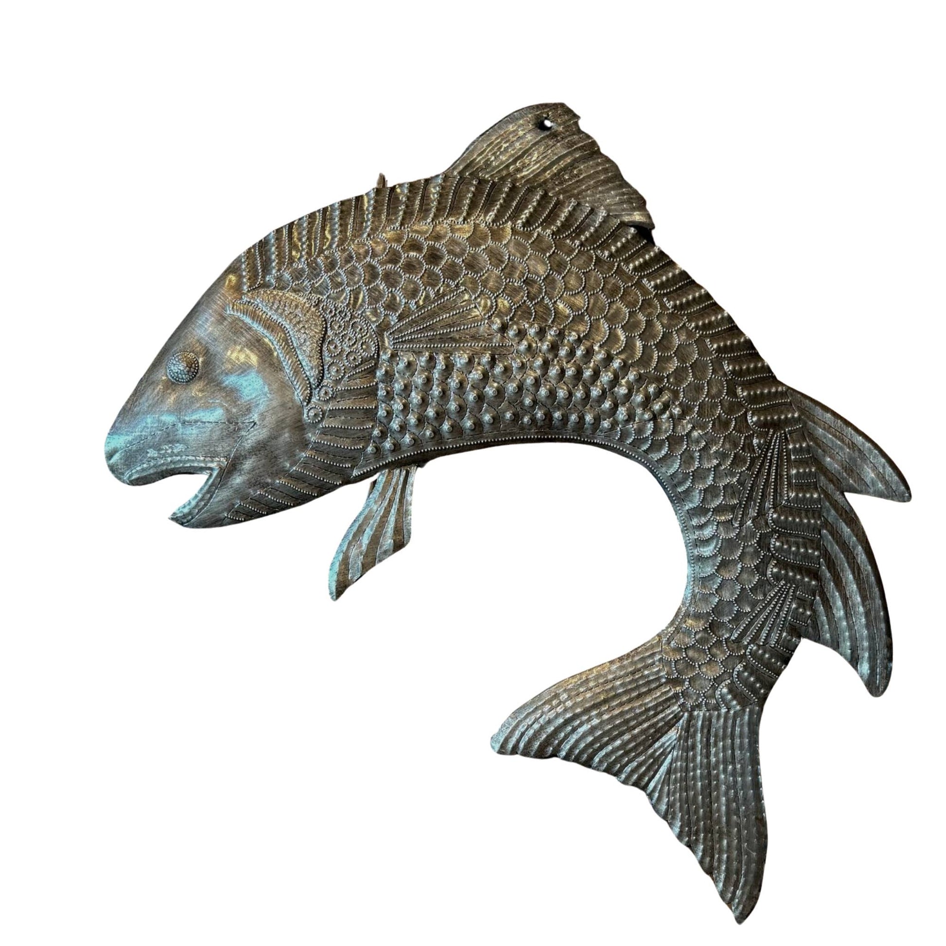 Salmon Jumping, Hand Cut Haitian Metal Art 17" x 15"