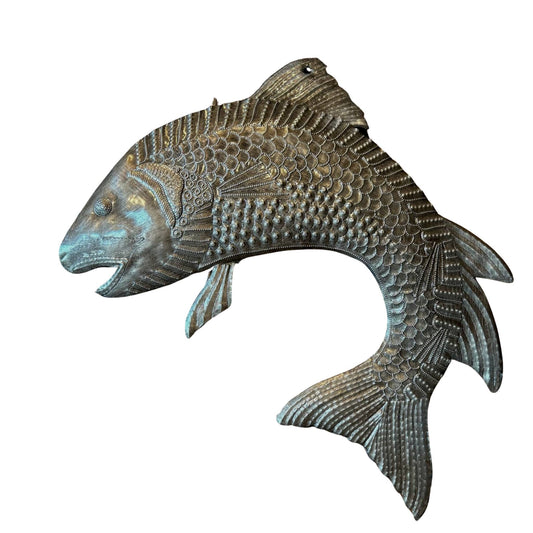 Salmon Jumping, Hand Cut Haitian Metal Art 17" x 15"