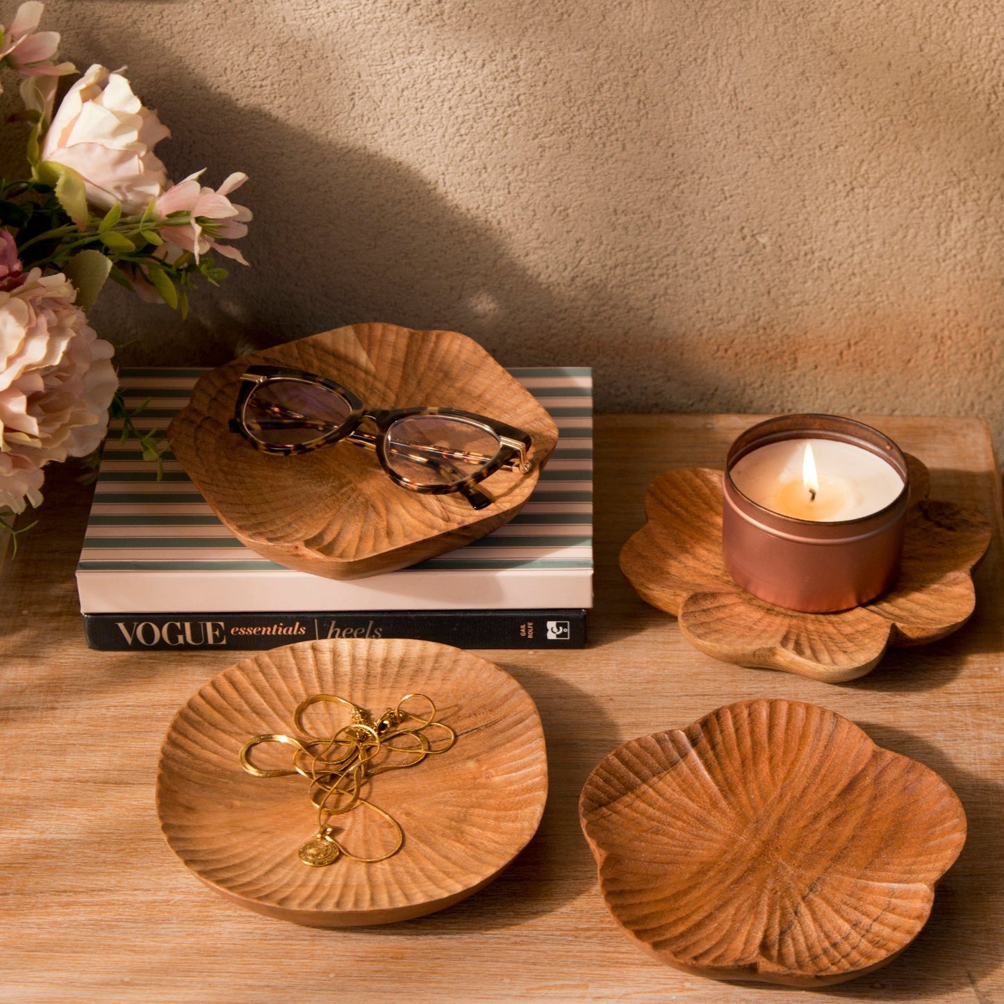 S/4 Handcarved Wooden Trinket Trays Gift Set