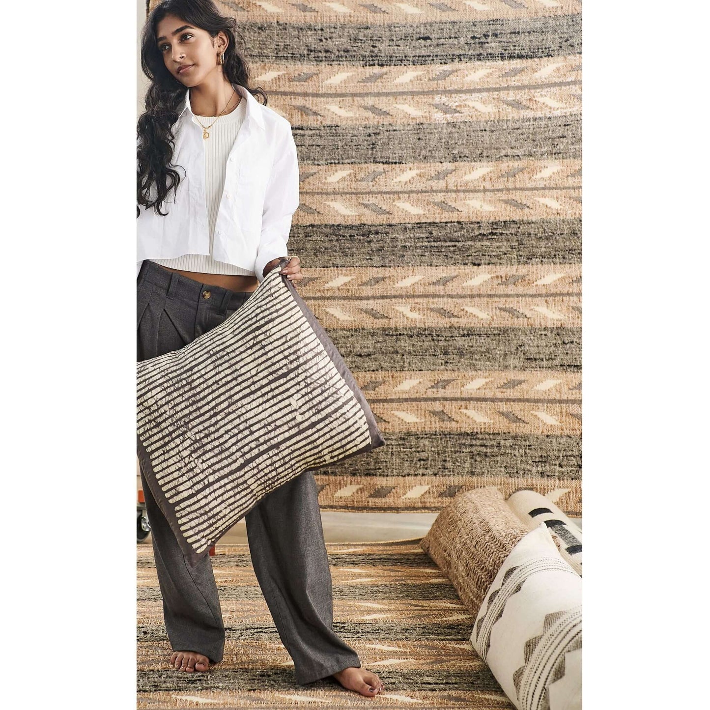 Maple Black Block Printed Stripes Mulberry Silk Pillow Cover