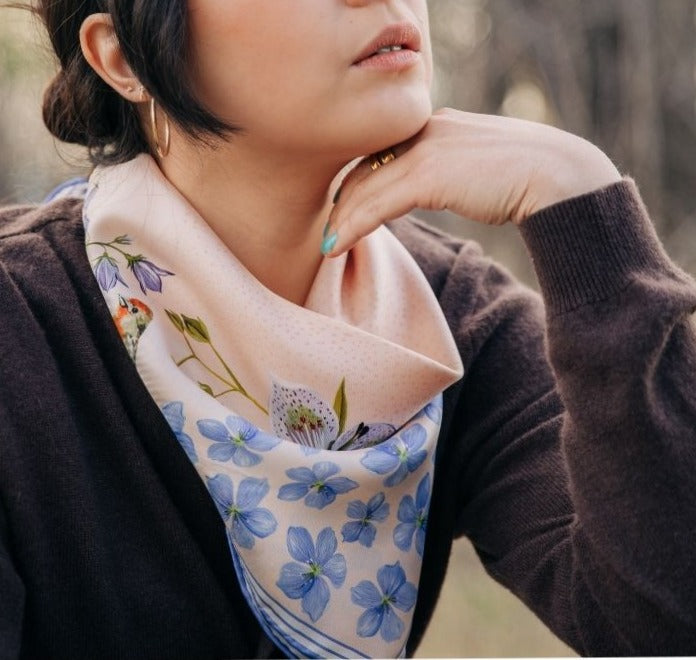 100% Silk Scarf: Pink Gentian - Wildflower Bird Design