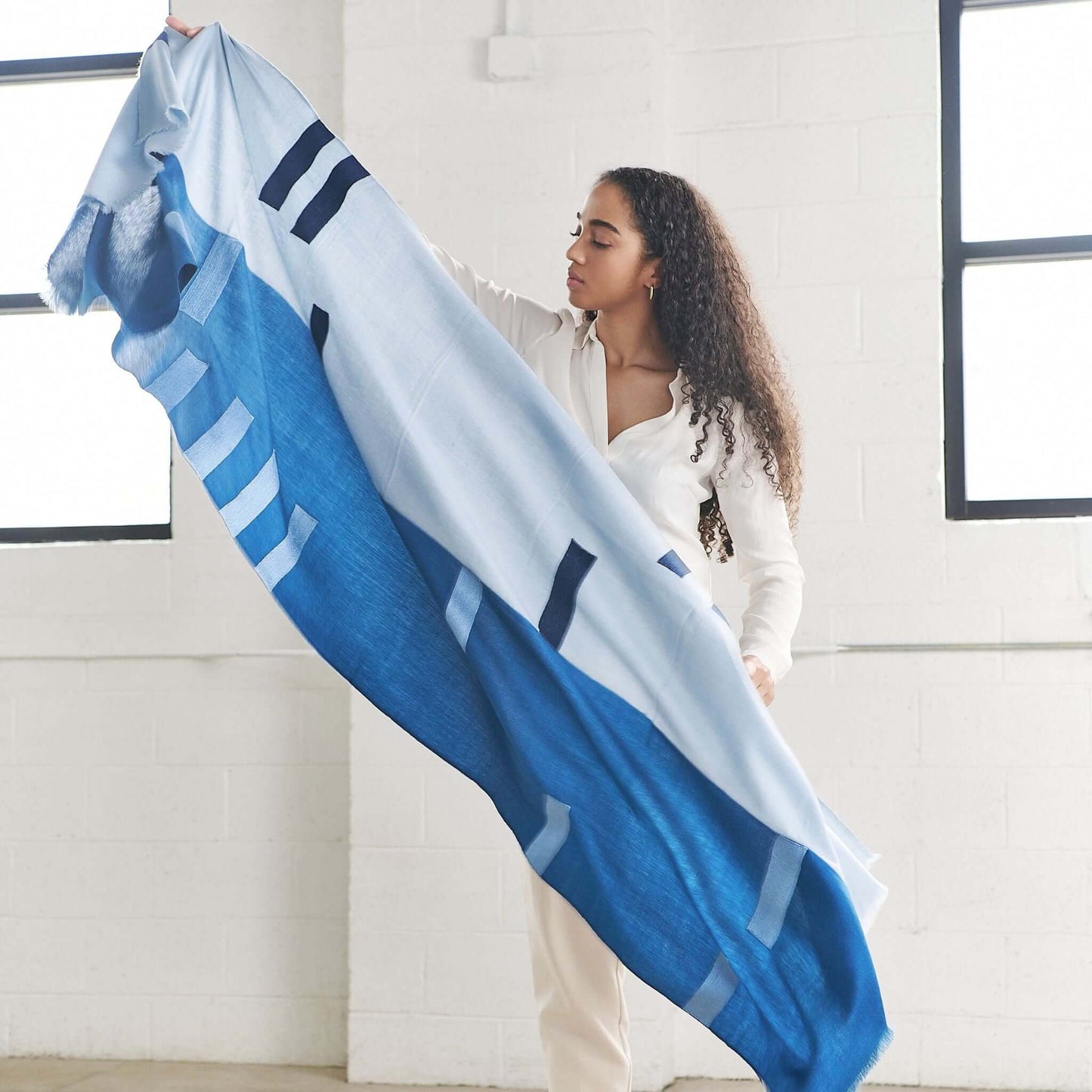 Harbor Blue Hand Embroidered Modern Artisanal Scarf