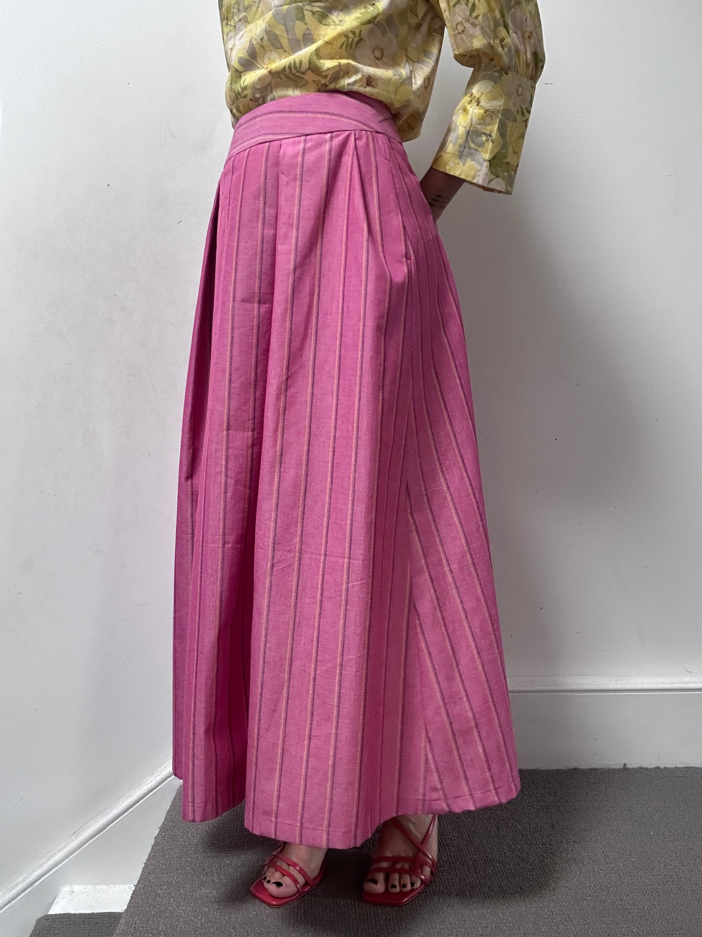 Maxi skirt with pockets Organic Linen Pink stripe – Valery | No More Nobody