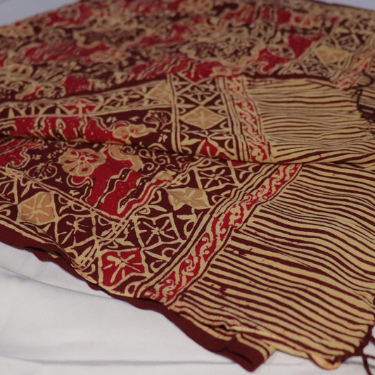Handmade Batik Scarf, Soft Cotton, Sunlit Garden, Red Burgundy