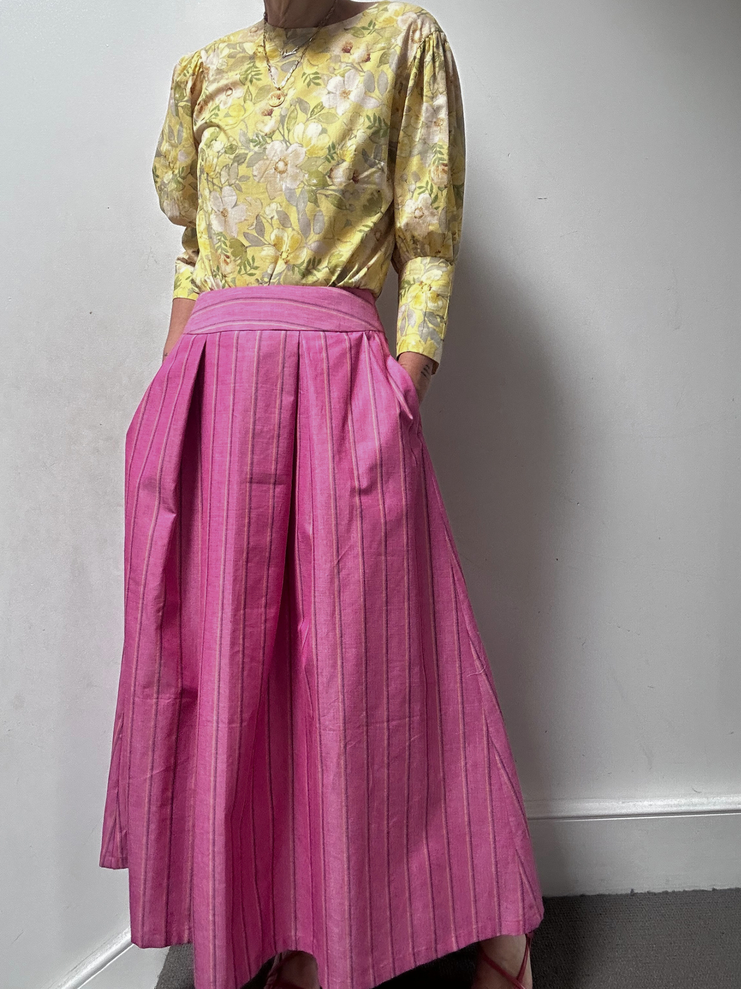 Maxi skirt with pockets Organic Linen Pink stripe – Valery | No More Nobody