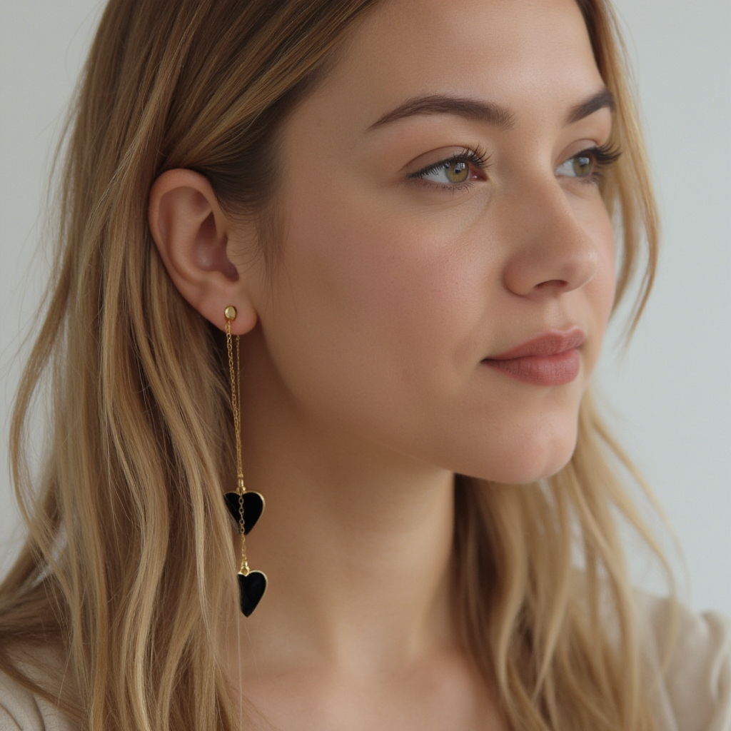 Single Hearted Girl Black Enamel Earrings | Gold Filled