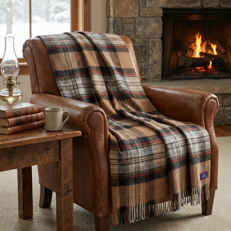 Highland Tartan Tweed Merino Wool Throw ~ Camel Stewart ~