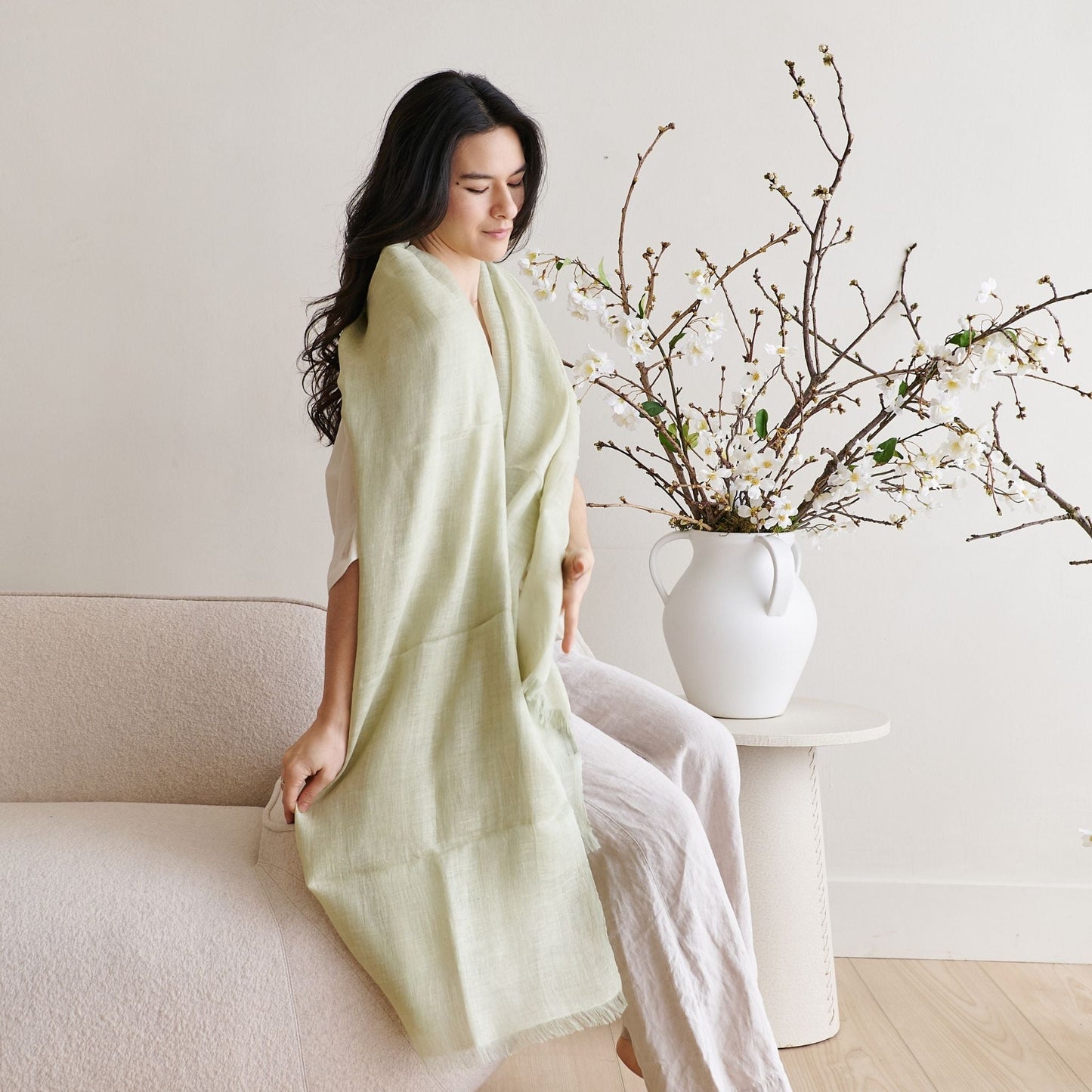 Soya Pastel Lime Green Hand Woven Soft Linen Scarf