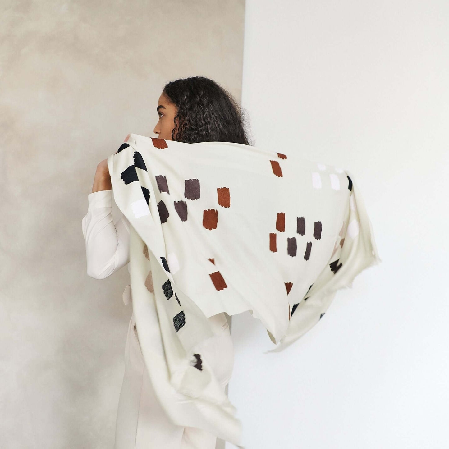 Off White Dahlia Hand Embroidered Hand Woven Modern Artisanal Scarf