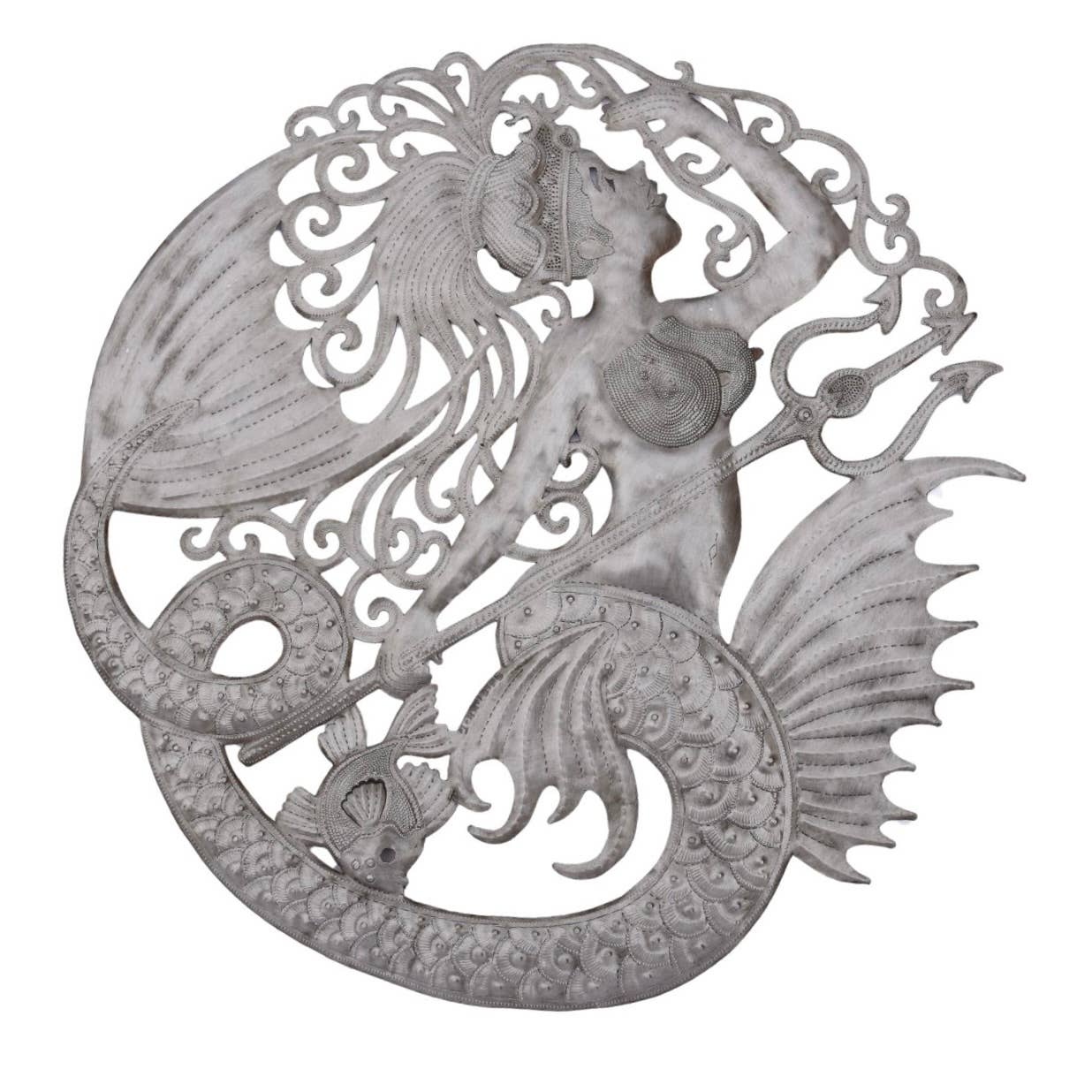 23" Handmade Mermaid with Trident — Recycled Metal Art