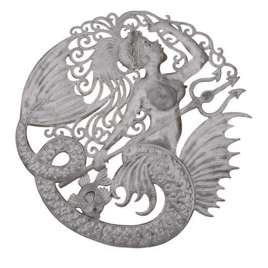 23" Handmade Mermaid with Trident — Recycled Metal Art