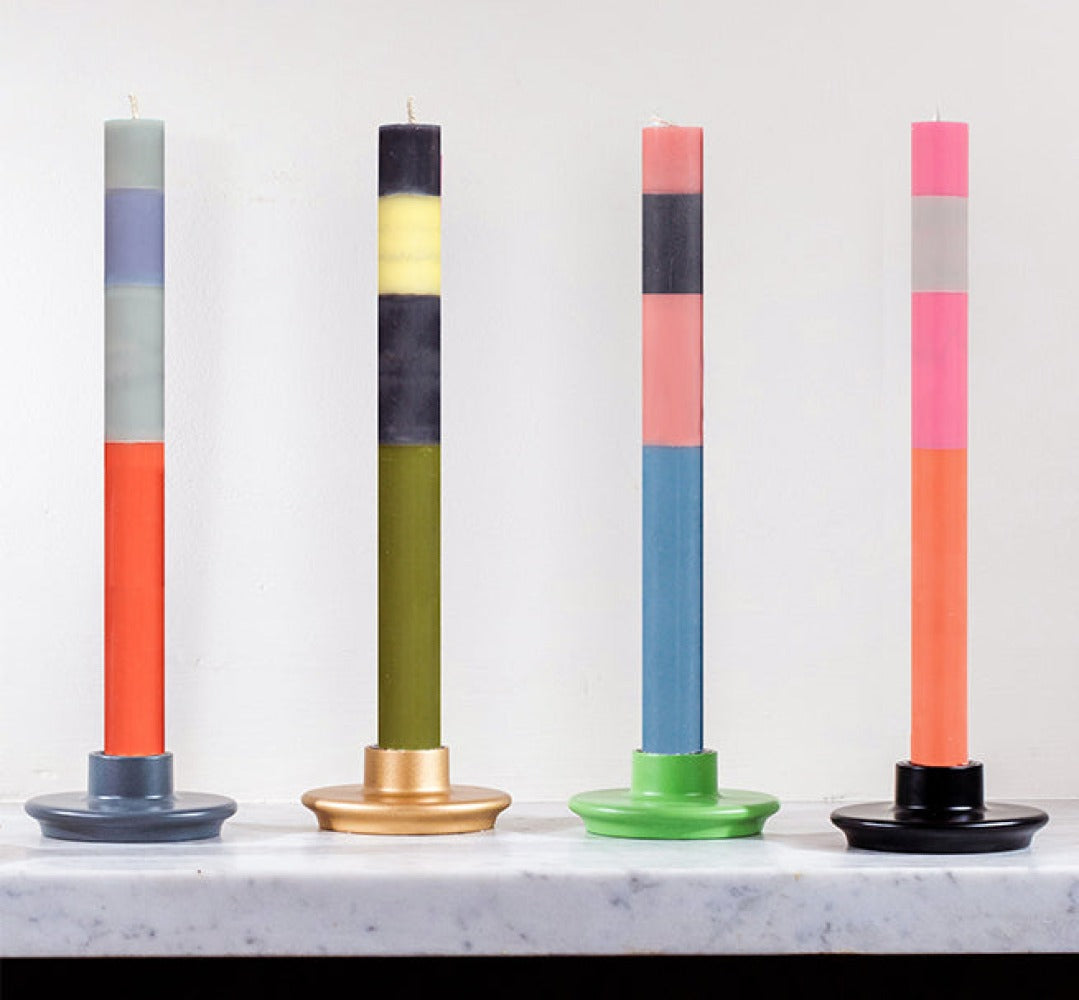 S/4 ABSTRACT Striped Olive, Indigo & Jasmine Dinner Candles
