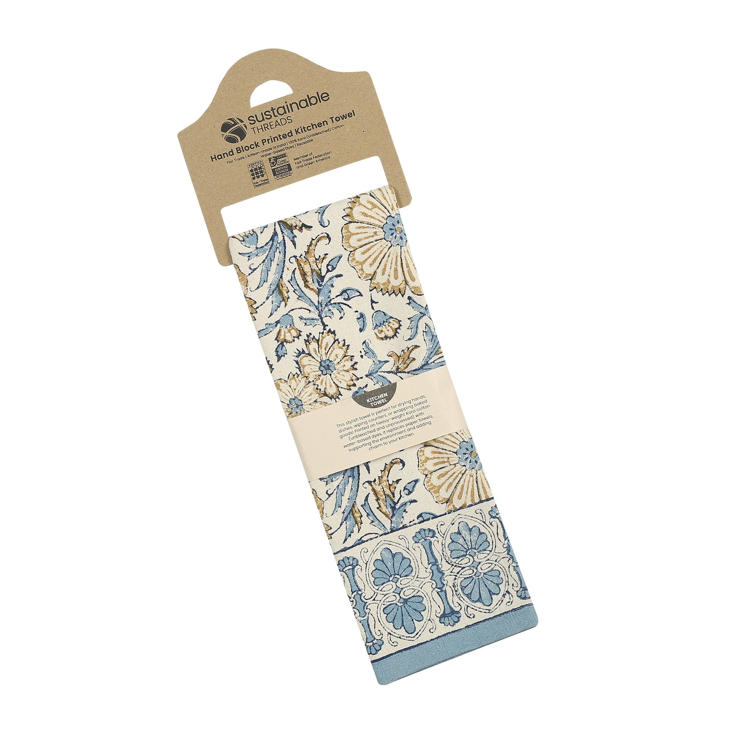 Hand Block Printed Cotton Kitchen Towels | 27″ × 19″ | Set of 2 | Fair Trade | STREAMLINE