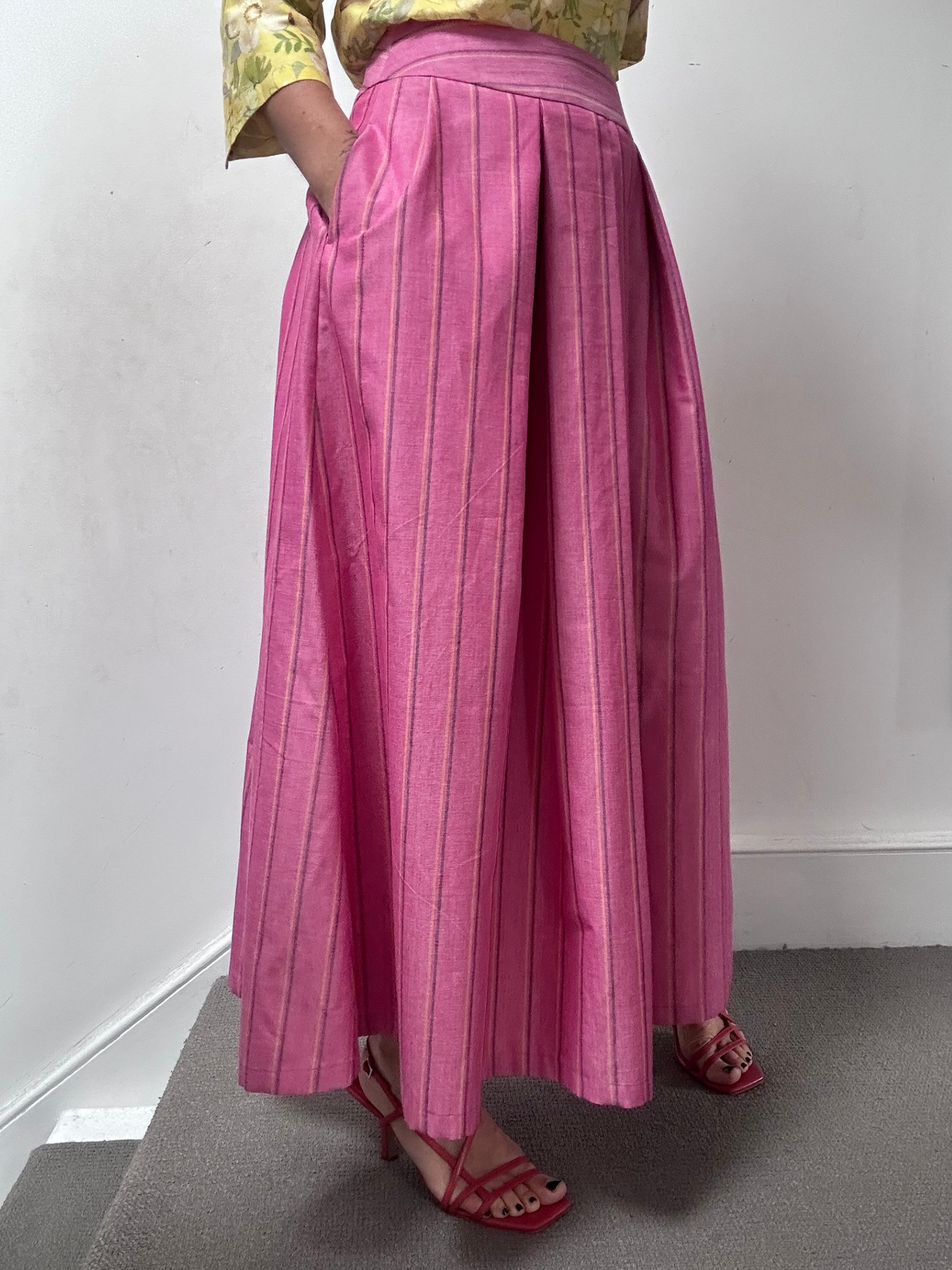 Maxi skirt with pockets Organic Linen Pink stripe – Valery | No More Nobody