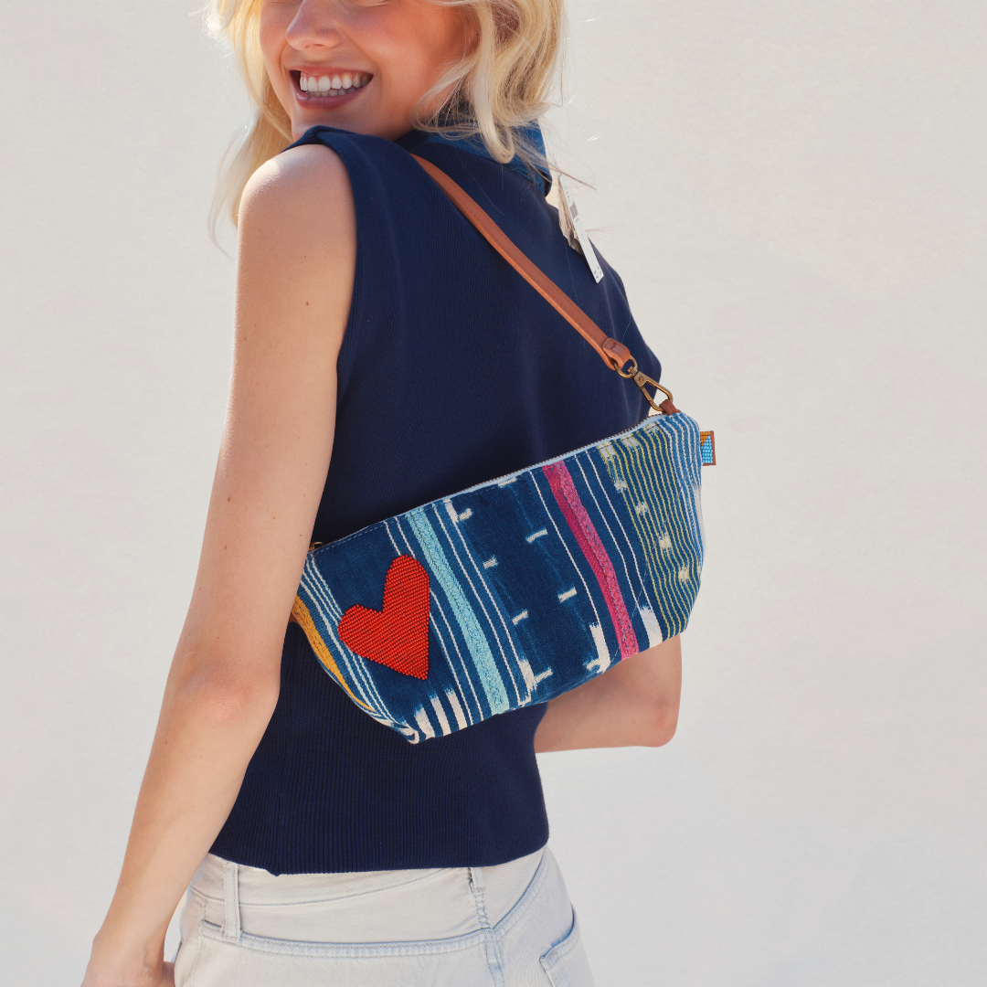 Large Convertible Pouch - Baule Cloth with Beaded Red Heart with Medium Leather Strap