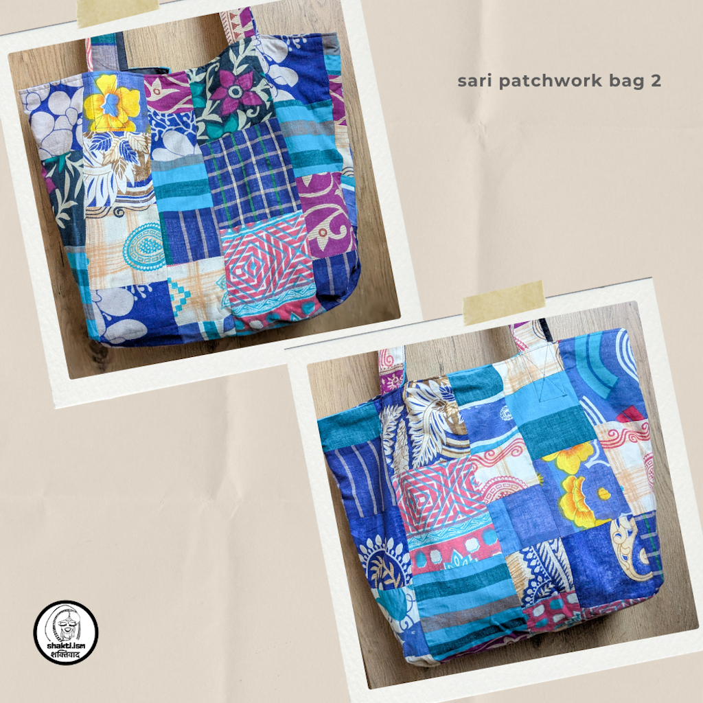 Colorful patchwork bag with floral and abstract patterns on a beige background.