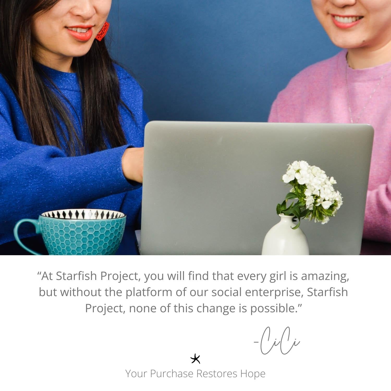 Photo of two women conversing and working together, best fair trade company,  symbolism for hope, Starfish Project, meaningful Christmas presents