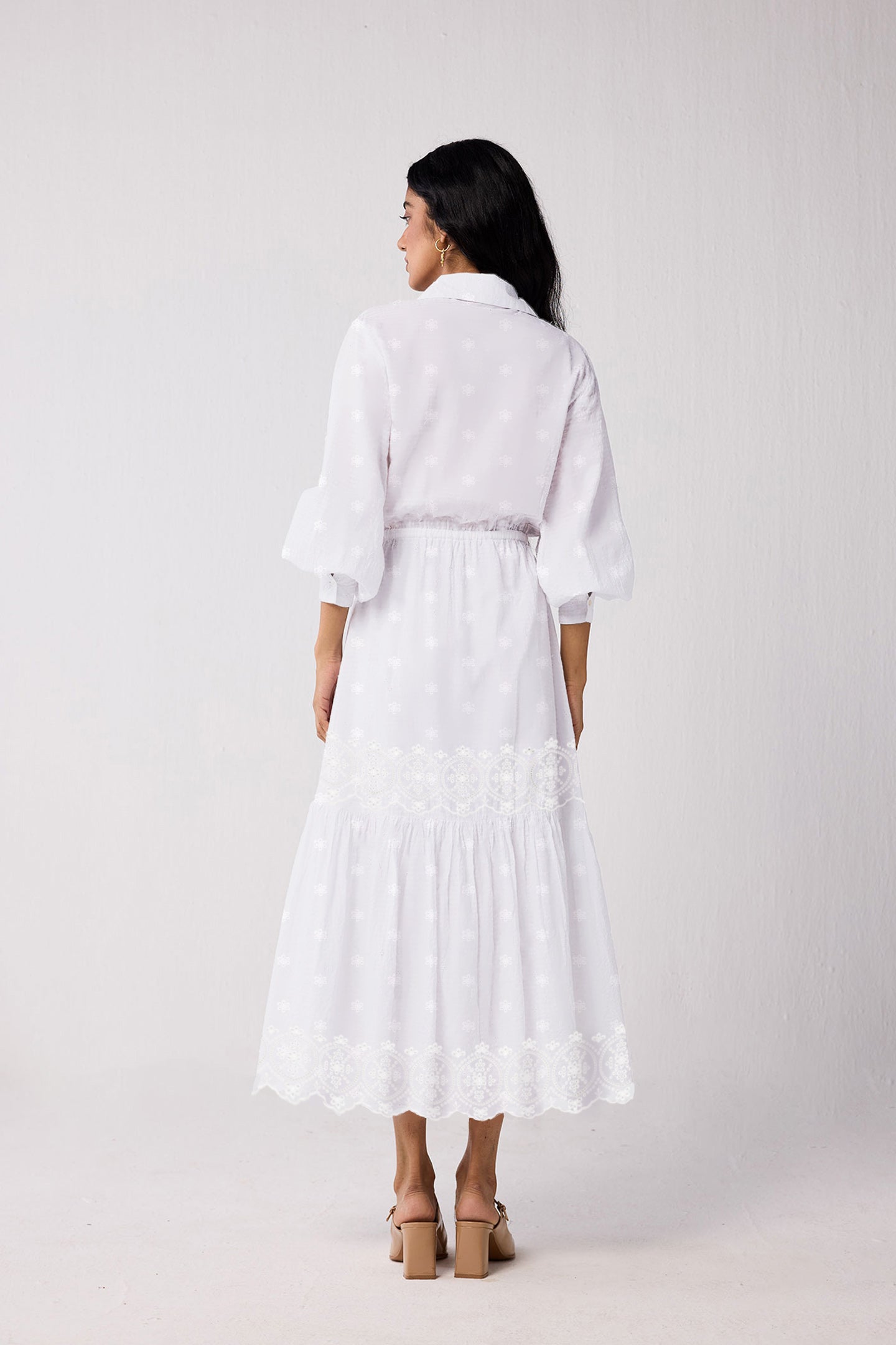 Embroidered Flowy Maxi Tiered Dress in White