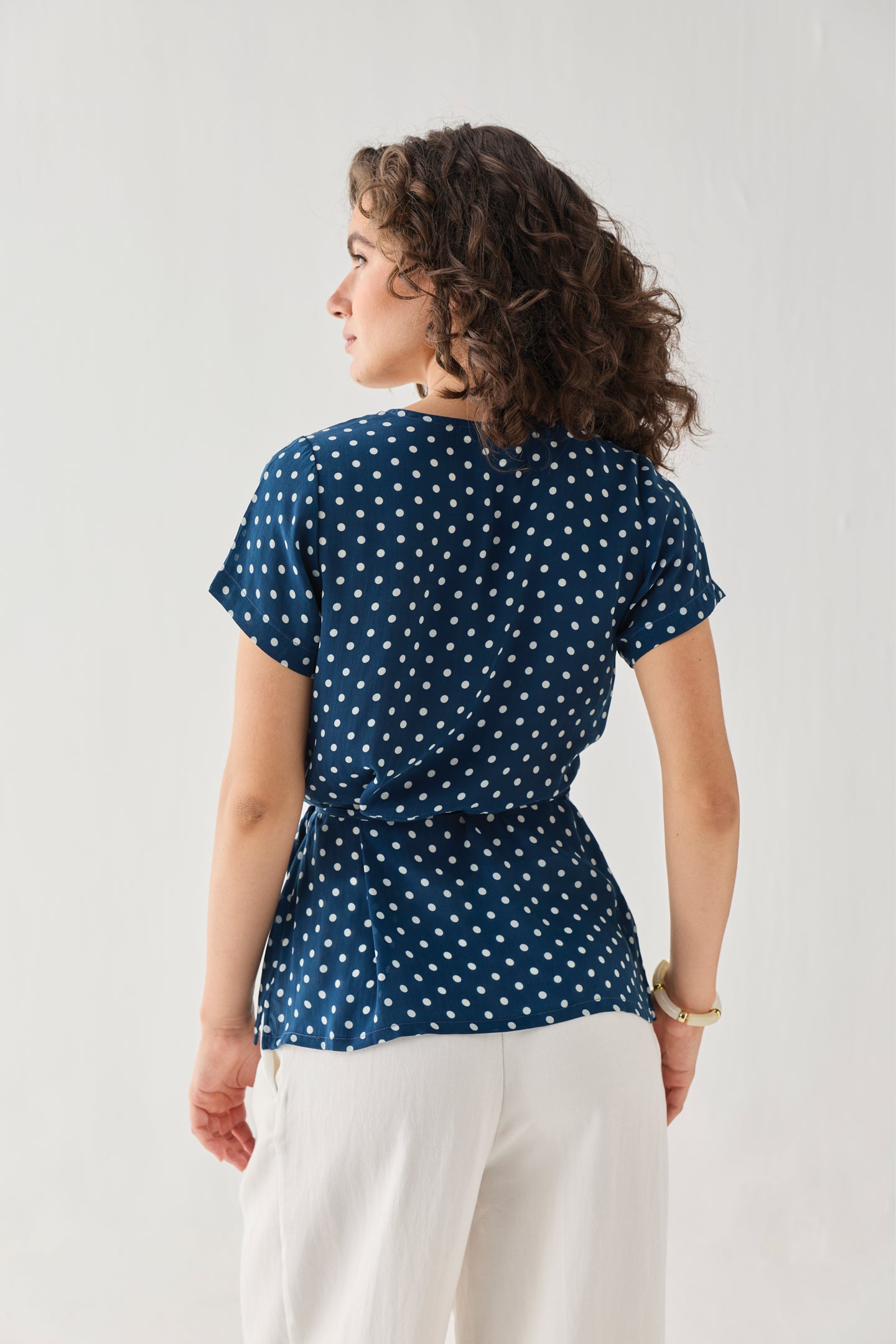 Wrap-Around Top in Navy Blue Polka