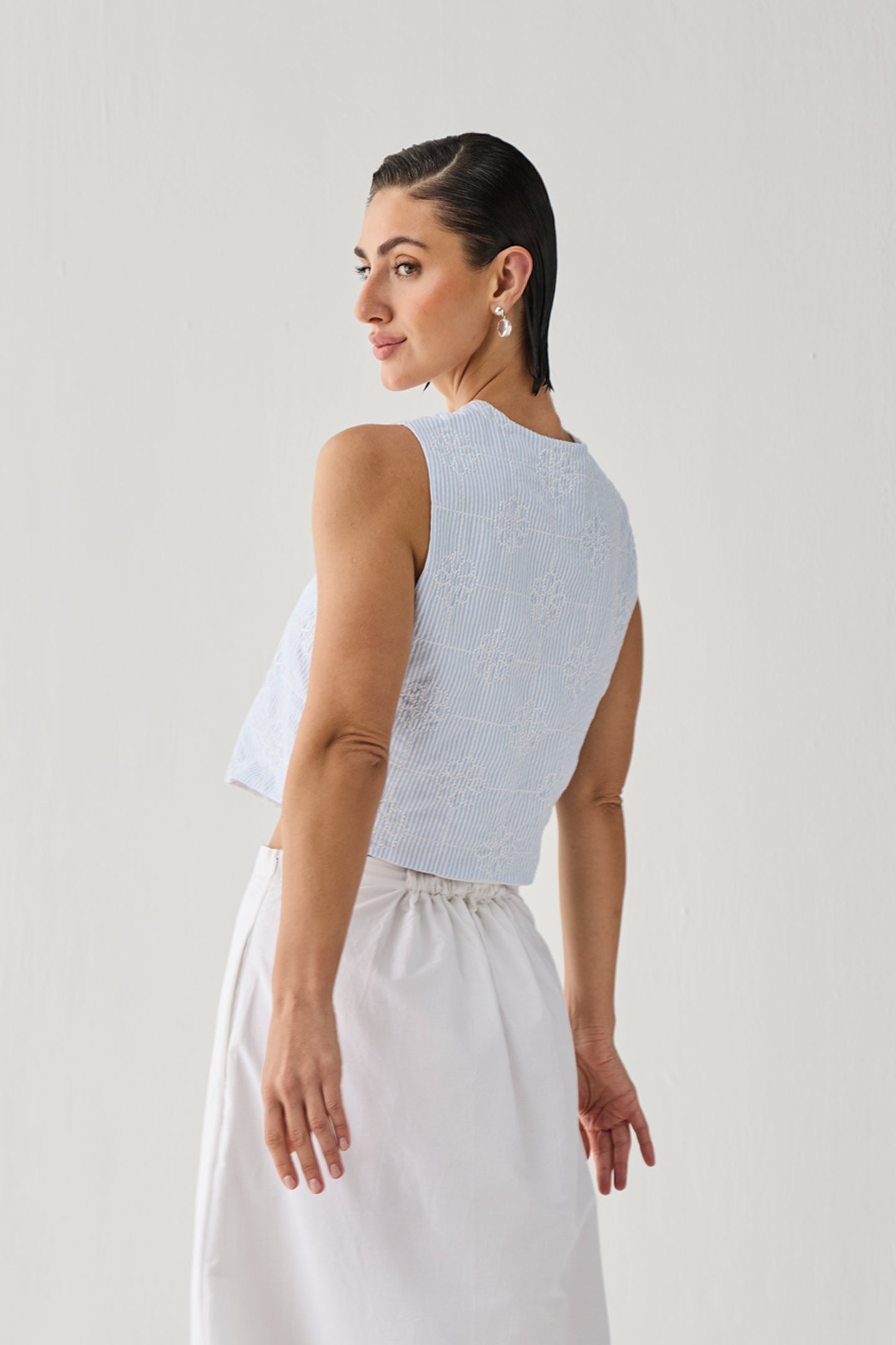 Embroidered Sleeveless Vest Top in Blue Stripe
