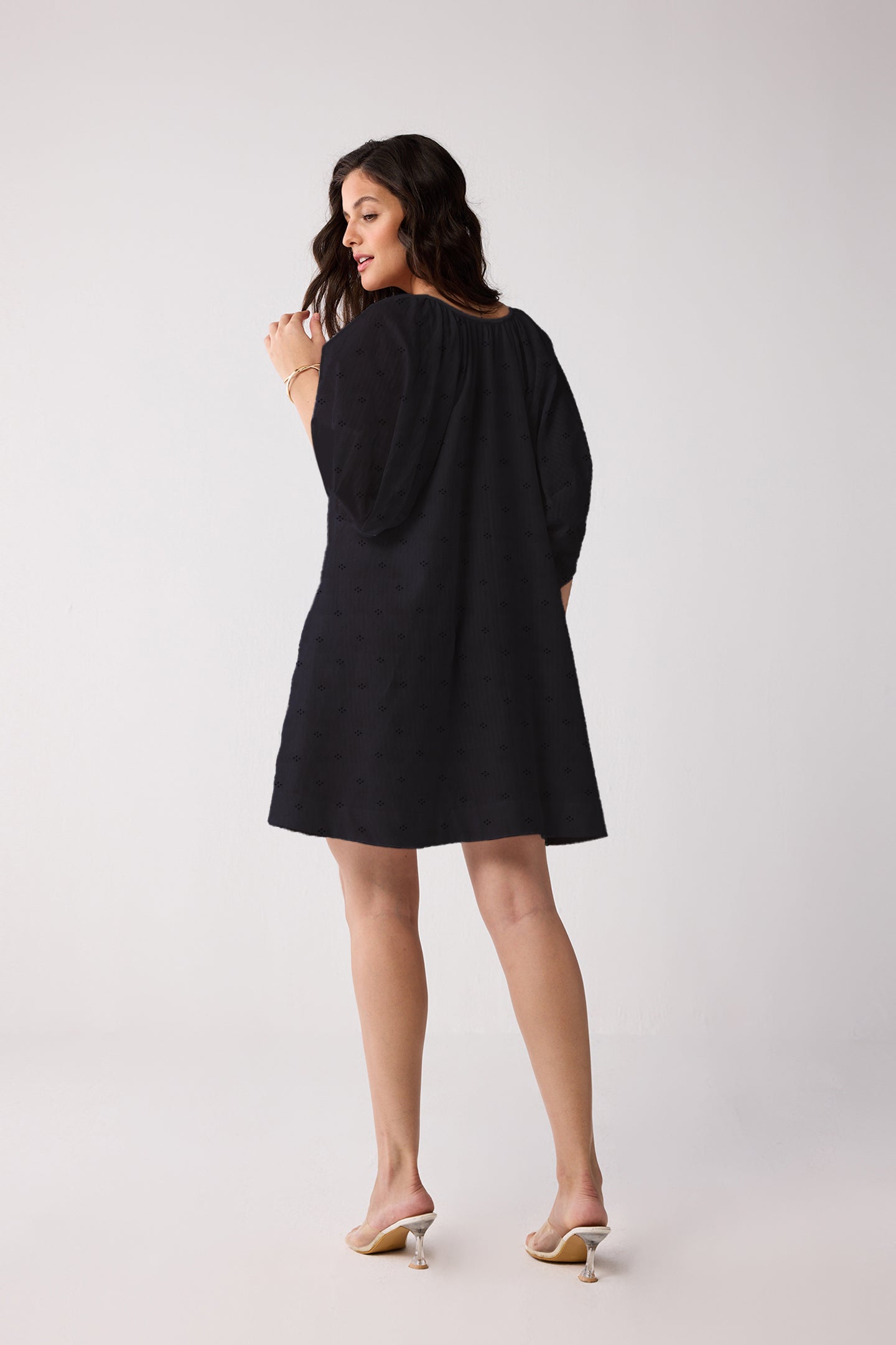 Puff Sleeved Dress with Drawstring Neckline in Black