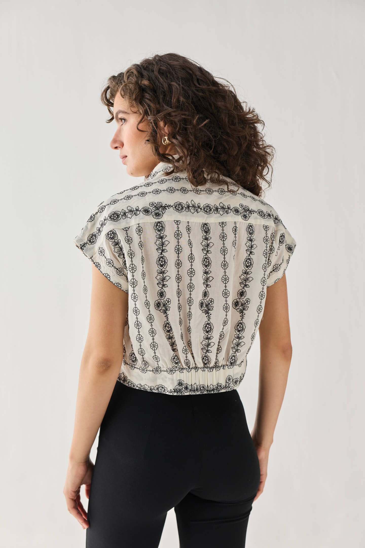Oversized Crop Shirt with Floral Embroidery