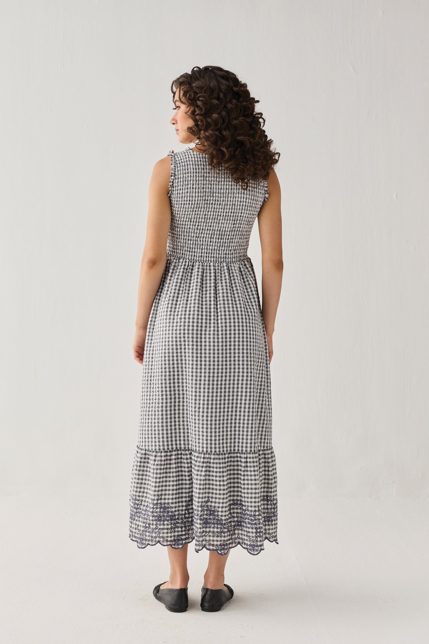 The Smocked Maxi Dress in Grey Check