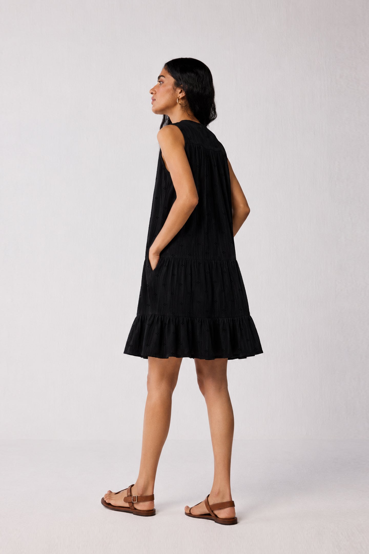 Embroidered Everyday Sleeveless Short Tiered Dress in Black