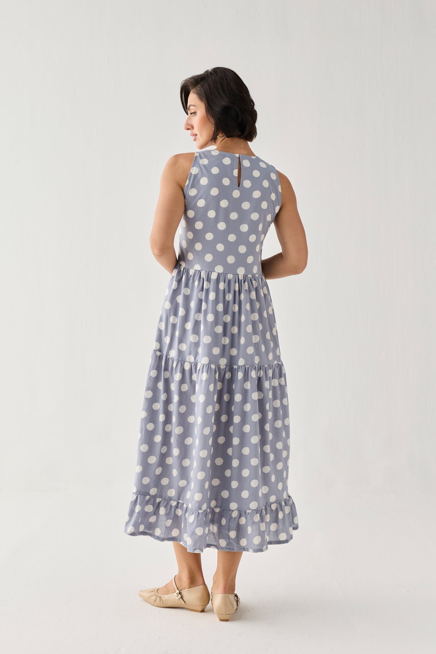 Tiered Midi Dress in Blue Polka