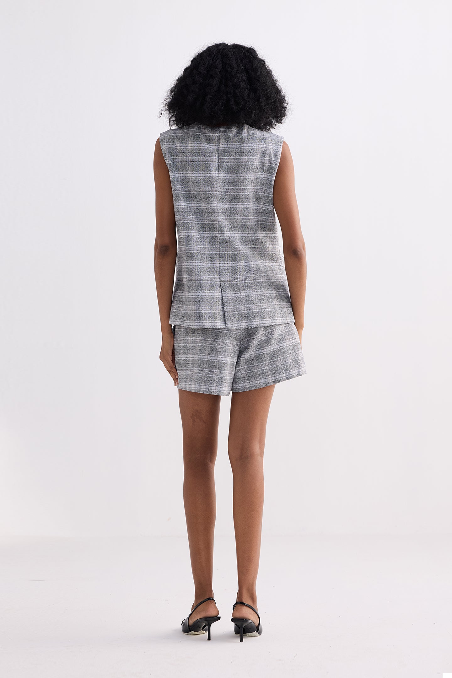 Cotton Tweed Vest Jacket Set in Grey Back